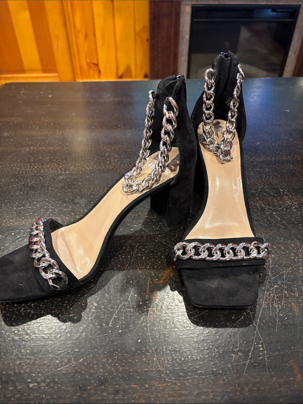 Mix No. 6 Black Suede Block Heel Sandals with Silver Chain